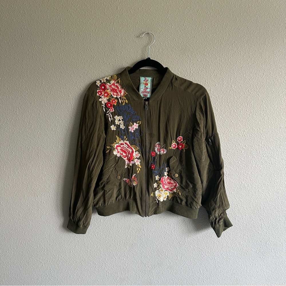 Johnny Was Khaki Floral Embroidered Bomber Jacket